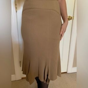 High Quality Paneled boiled wool blend camel beige midi skirt flared silhouette.